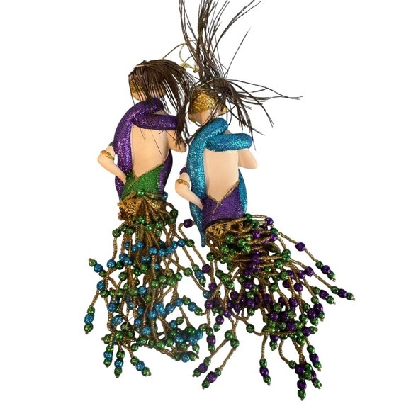 Mardi Gras Porcelain Mermaid Ornaments Set of 2 Beaded Fringe Purple Green Gold - Picture 6 of 6